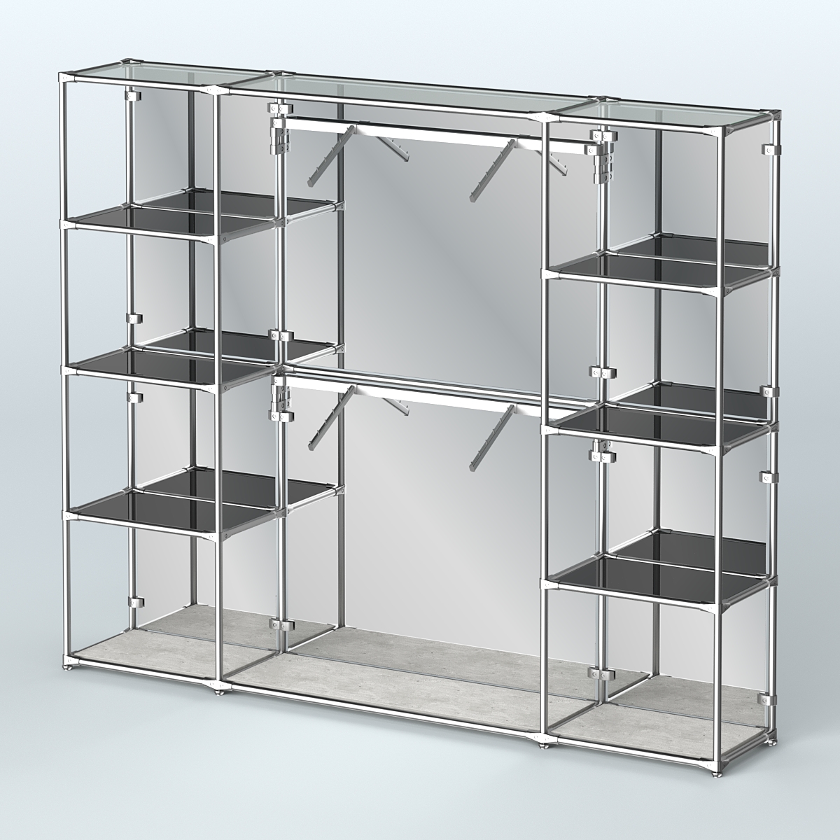 Торговая система ХРОМ (задняя стенка - зеркало) 2430 мм с тонированными полками и поручнями №7 Метрополитан Грей