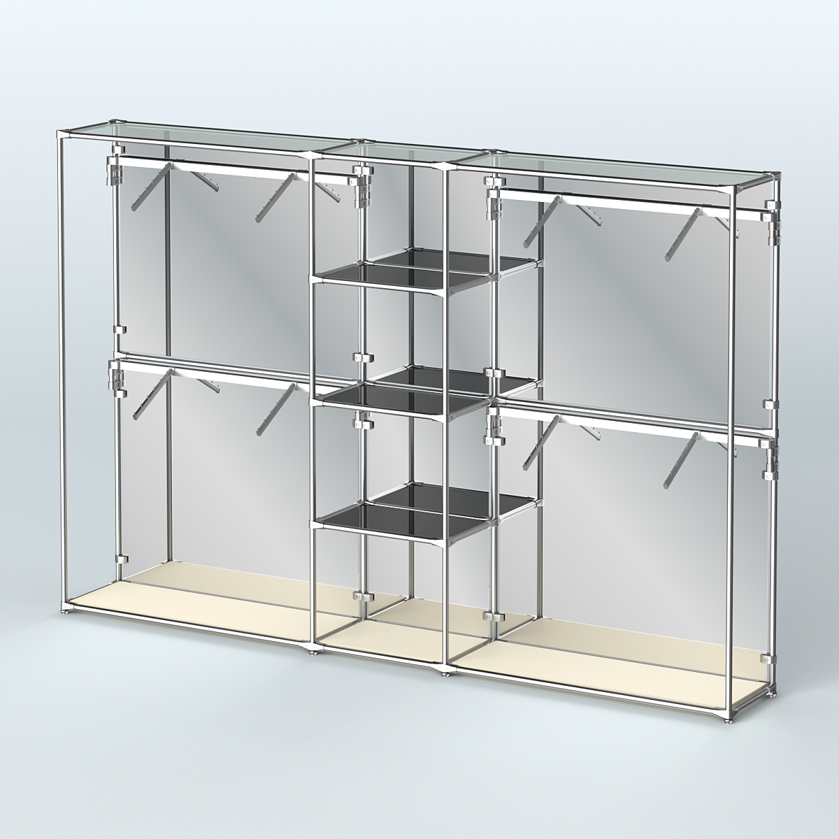 Торговая система ХРОМ (задняя стенка - зеркало) 3030 мм с тонированными полками и поручнями №8 Крем Вайс