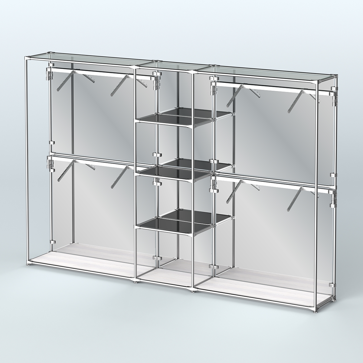 Торговая система ХРОМ (задняя стенка - зеркало) 3030 мм с тонированными полками и поручнями №8 Ясень Анкор светлый