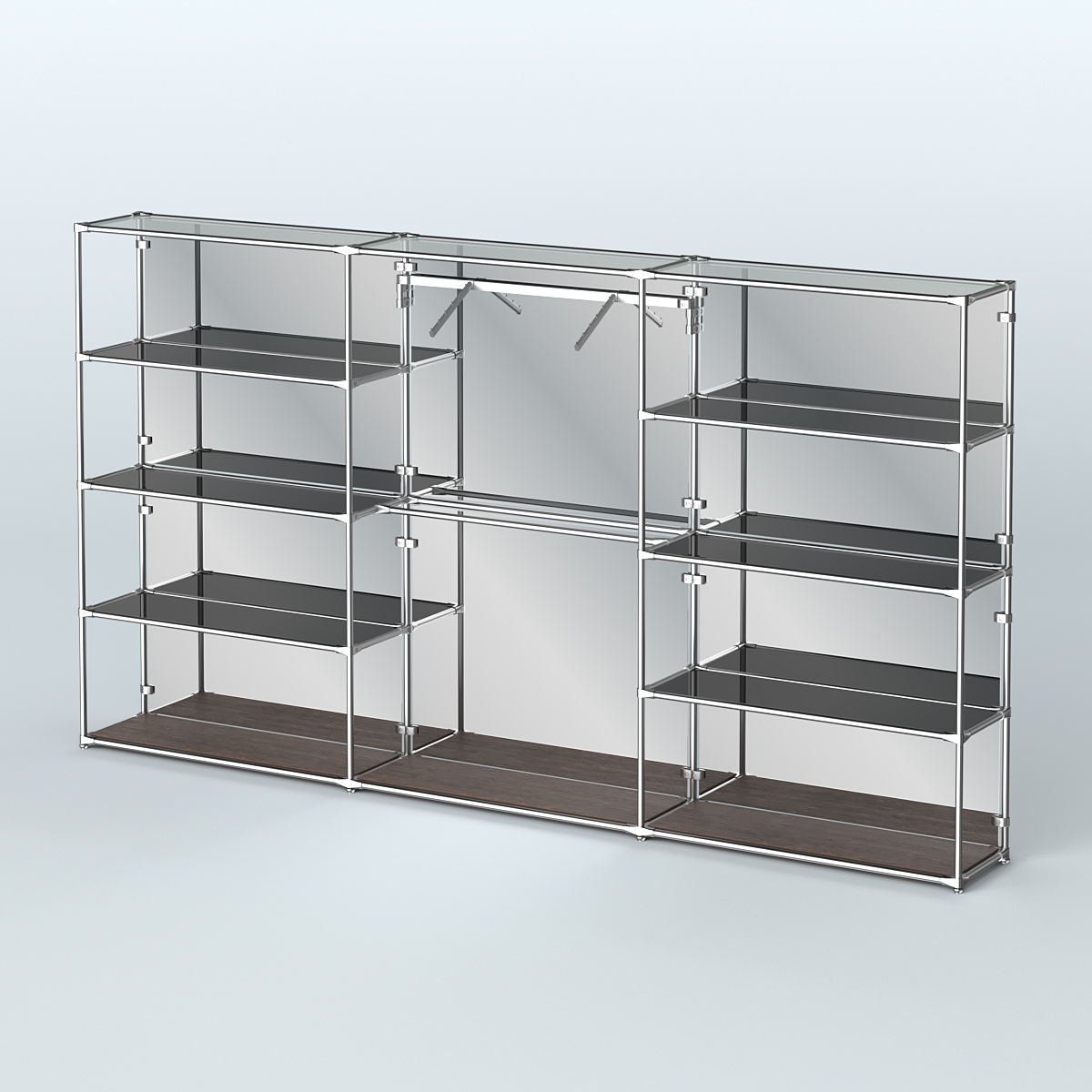 Торговая система ХРОМ (задняя стенка - зеркало) 3600 мм с тонированными полками и поручнями №9 Дуб Венге