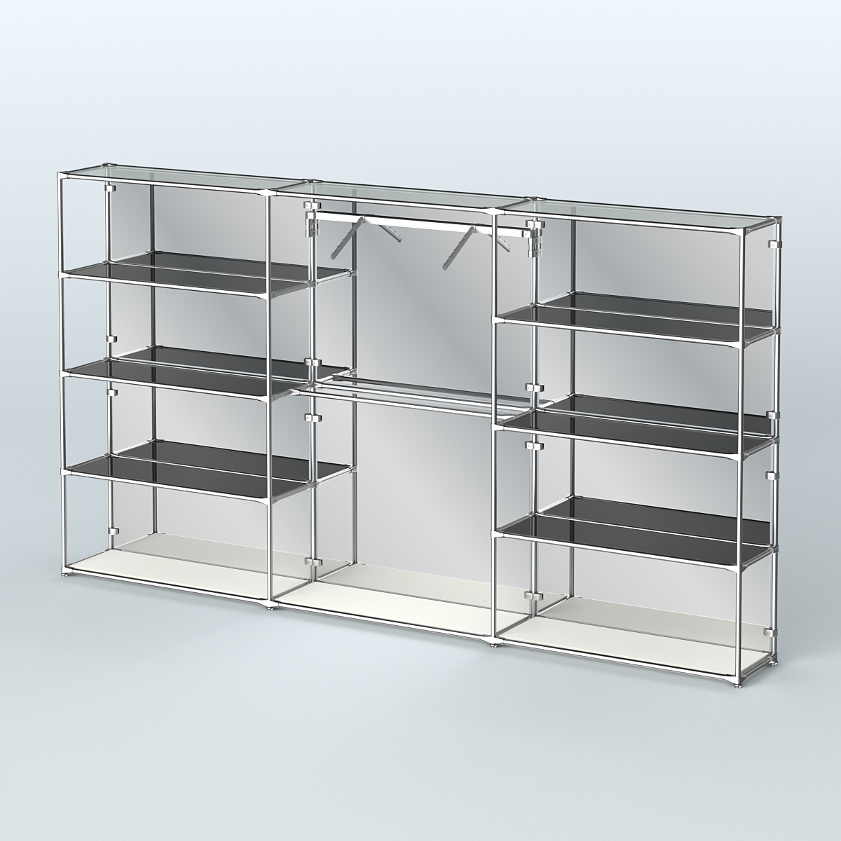 Торговая система ХРОМ (задняя стенка - зеркало) 3600 мм с тонированными полками и поручнями №9 Белый