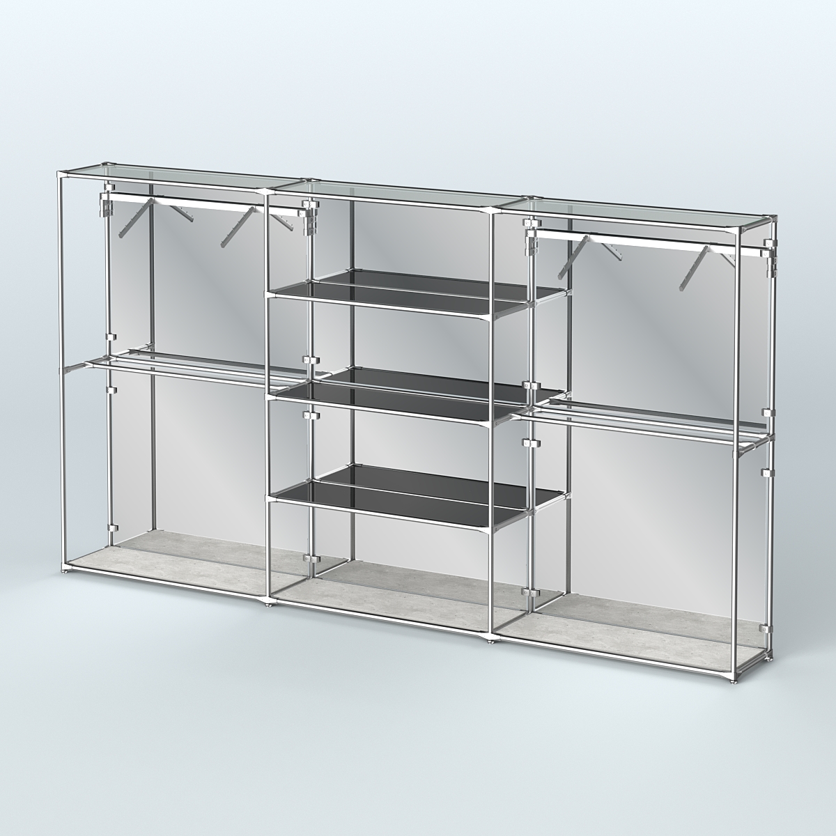 Торговая система ХРОМ (задняя стенка - зеркало) 3600 мм с тонированными полками и поручнями №10 Метрополитан Грей