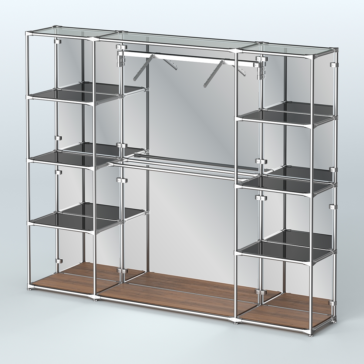 Торговая система ХРОМ (задняя стенка - зеркало) 2430 мм с тонированными полками и поручнями №11 Орех