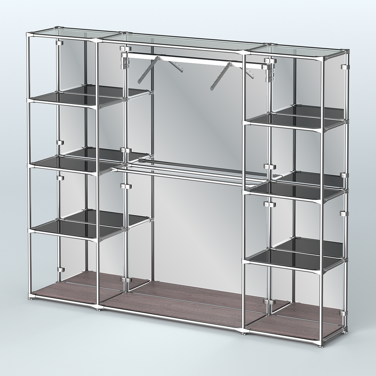 Торговая система ХРОМ (задняя стенка - зеркало) 2430 мм с тонированными полками и поручнями №11 Ясень Анкор темный