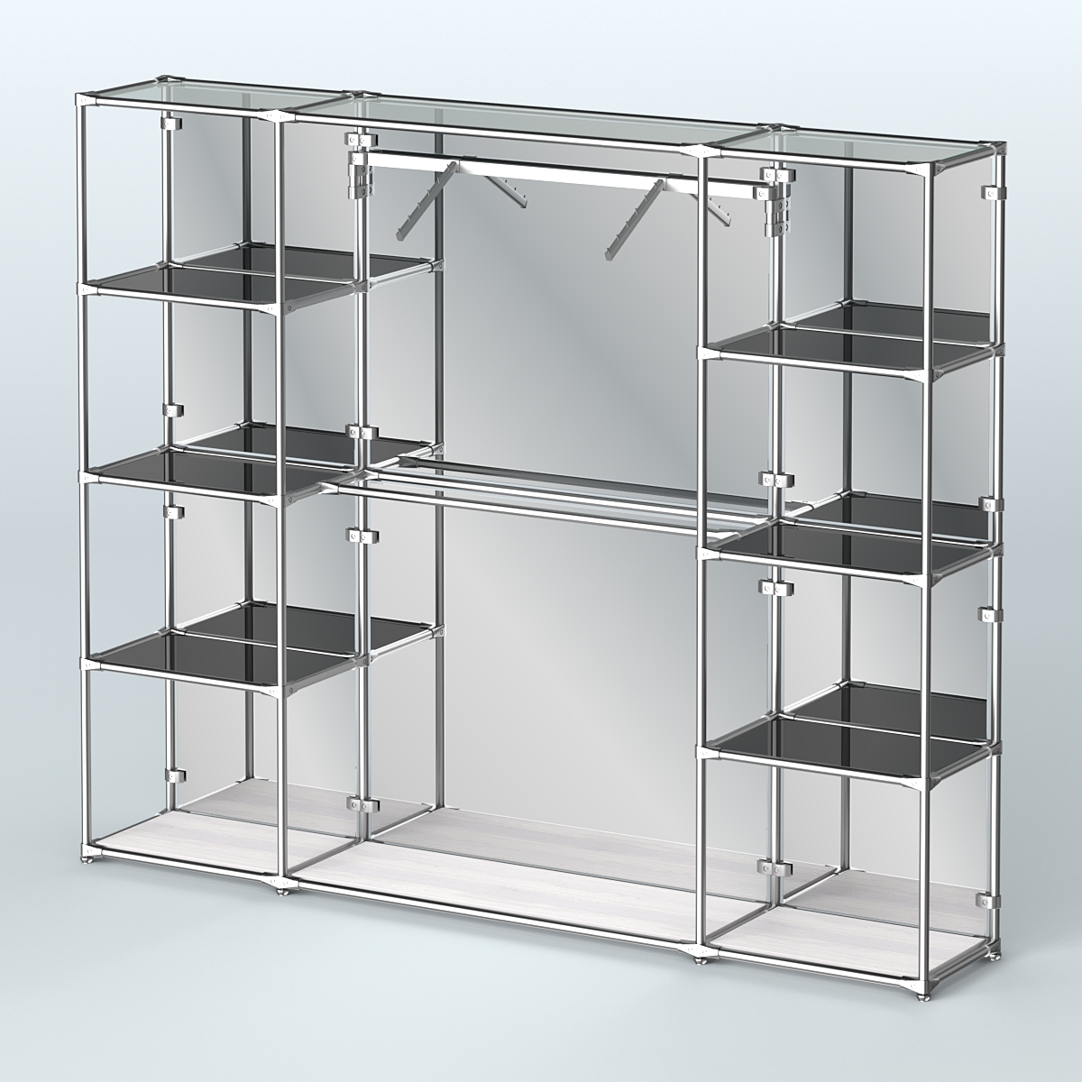 Торговая система ХРОМ (задняя стенка - зеркало) 2430 мм с тонированными полками и поручнями №11 Ясень Анкор светлый