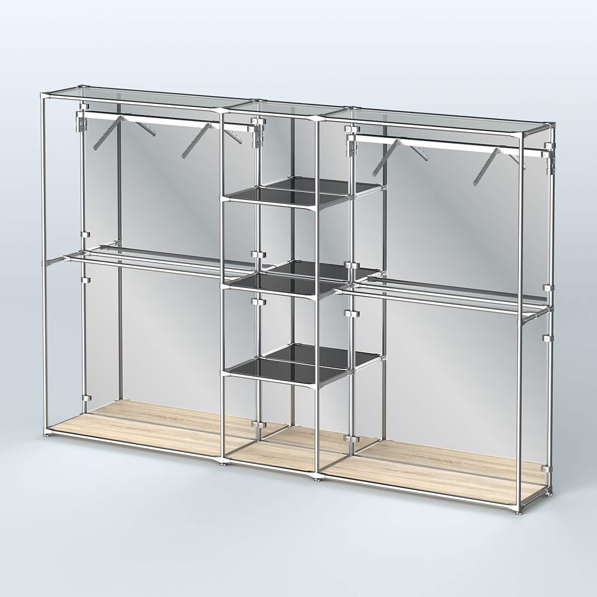 Торговая система ХРОМ (задняя стенка - зеркало) 3030 мм с тонированными полками и поручнями №12 Дуб Сонома