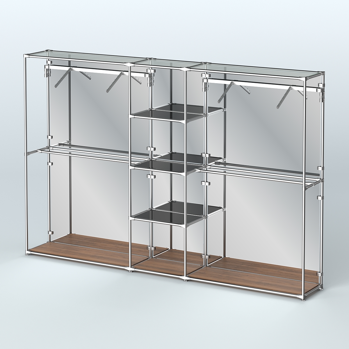 Торговая система ХРОМ (задняя стенка - зеркало) 3030 мм с тонированными полками и поручнями №12 Орех