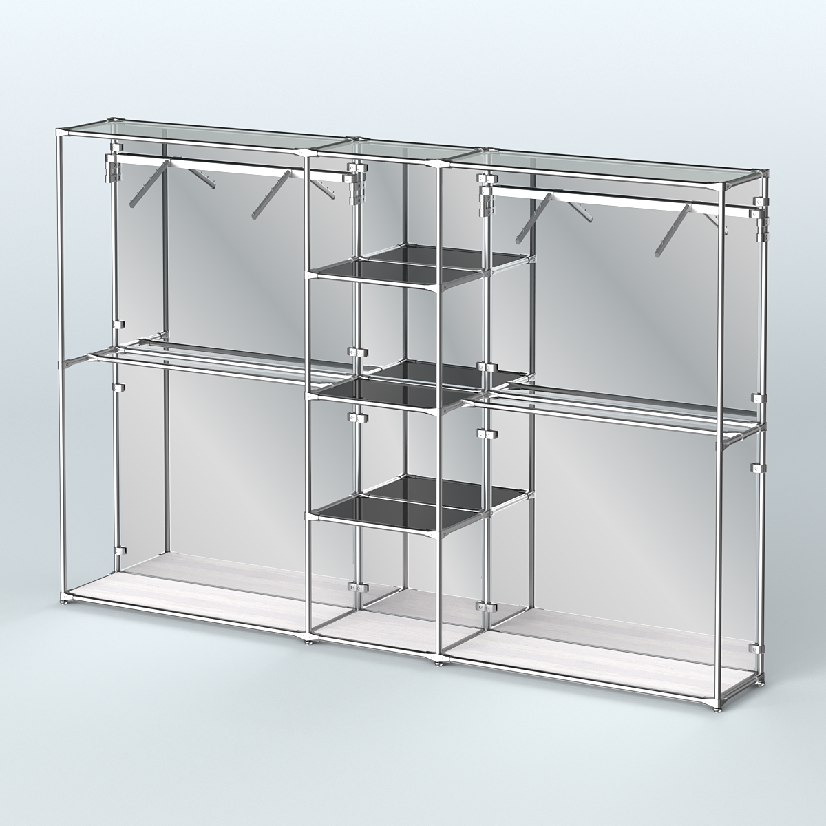 Торговая система ХРОМ (задняя стенка - зеркало) 3030 мм с тонированными полками и поручнями №12 Ясень Анкор светлый