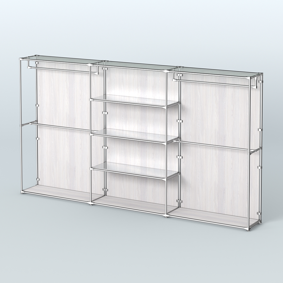 Торговая система ХРОМ (задняя стенка - ДСП) 3600 мм с зеркальными полками и поручнями №2 Ясень Анкор светлый