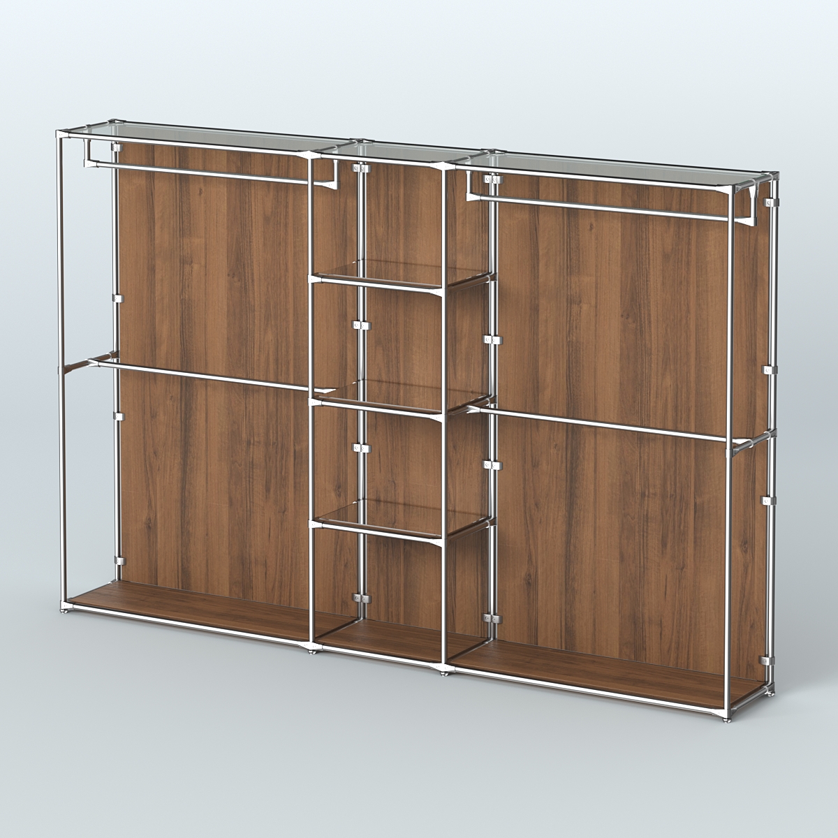 Торговая система ХРОМ (задняя стенка - ДСП) 3600 мм с зеркальными полками и поручнями №4 Орех