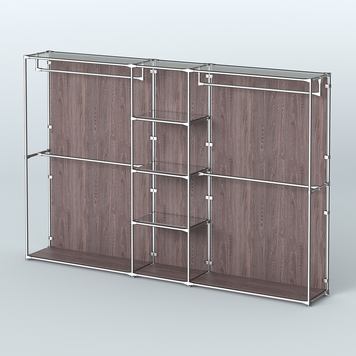 Торговая система ХРОМ (задняя стенка - ДСП) 3600 мм с зеркальными полками и поручнями №4 Ясень Анкор темный