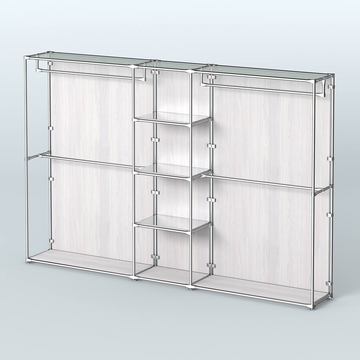 Торговая система ХРОМ (задняя стенка - ДСП) 3600 мм с зеркальными полками и поручнями №4 Ясень Анкор светлый