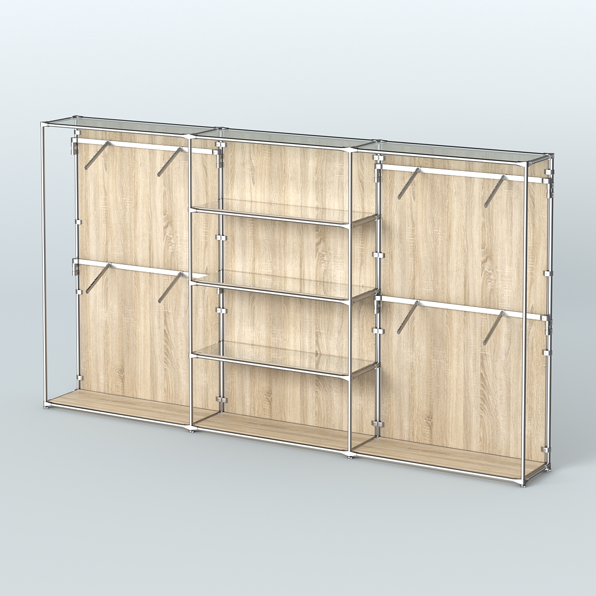 Торговая система ХРОМ (задняя стенка - ДСП) 3600 мм с зеркальными полками и поручнями №5 Дуб Сонома