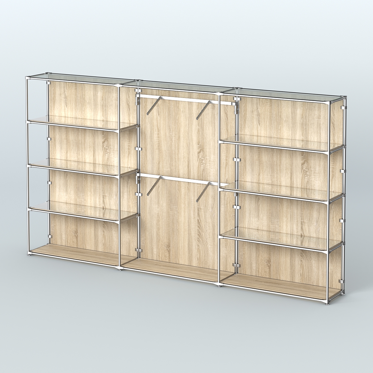 Торговая система ХРОМ (задняя стенка - ДСП) 3600 мм с зеркальными полками и поручнями №6 Дуб Сонома