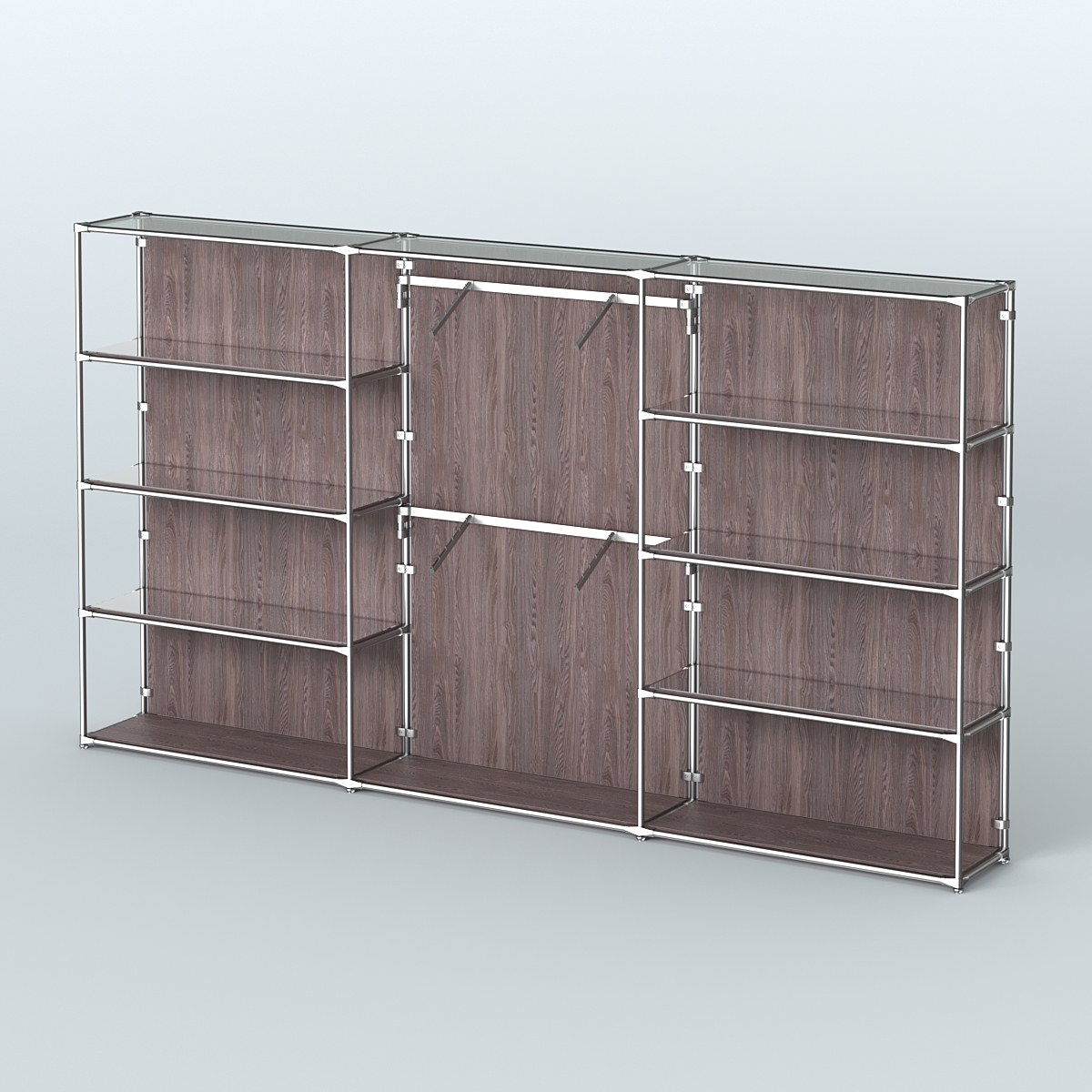 Торговая система ХРОМ (задняя стенка - ДСП) 3600 мм с зеркальными полками и поручнями №6 Ясень Анкор темный