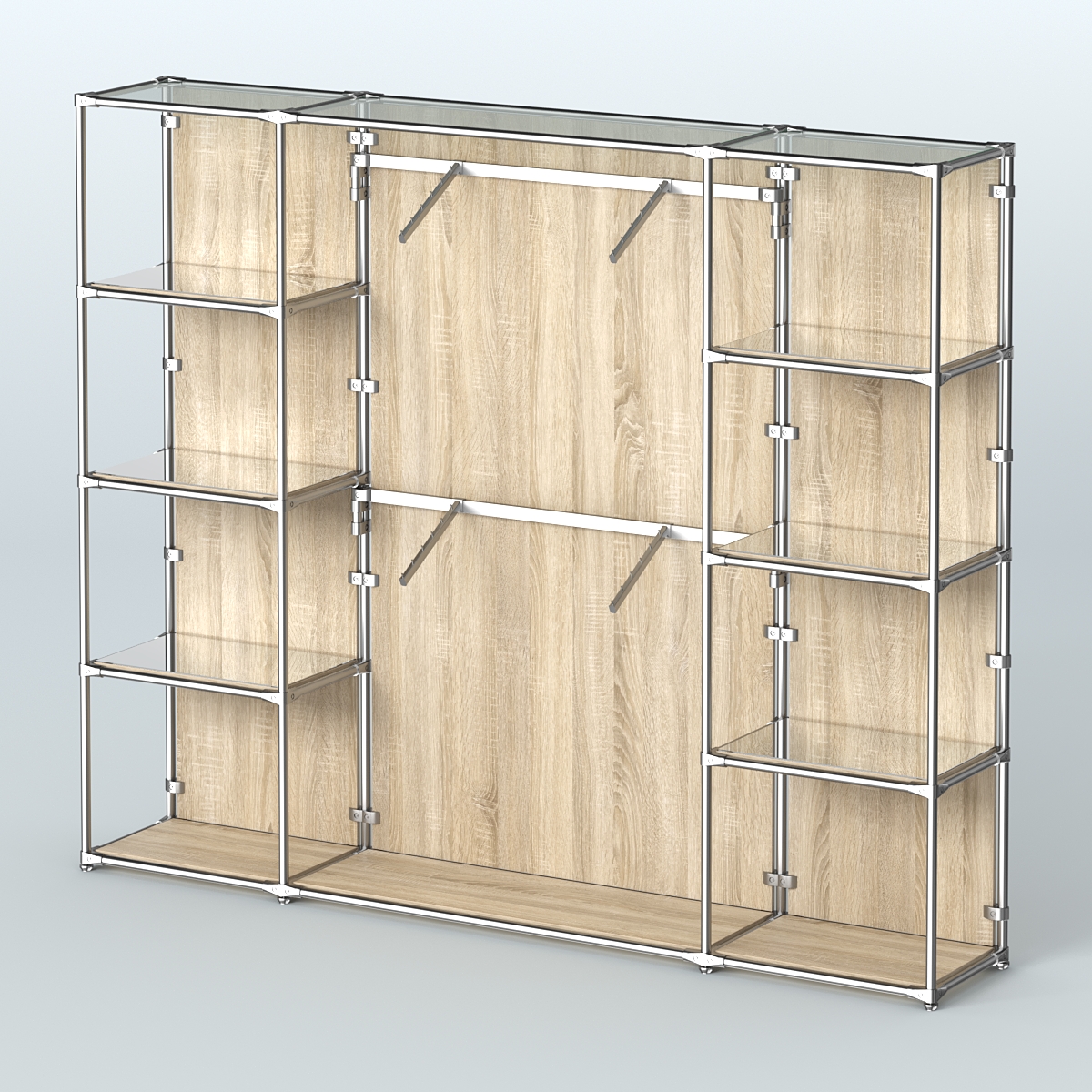 Торговая система ХРОМ (задняя стенка - ДСП) 3600 мм с зеркальными полками и поручнями №7 Дуб Сонома