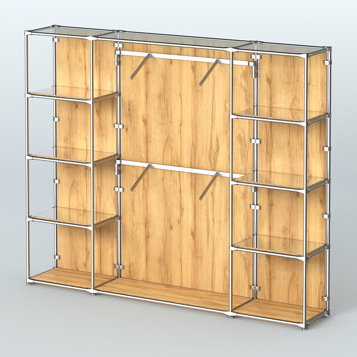 Торговая система ХРОМ (задняя стенка - ДСП) 3600 мм с зеркальными полками и поручнями №7 Дуб Золотистый