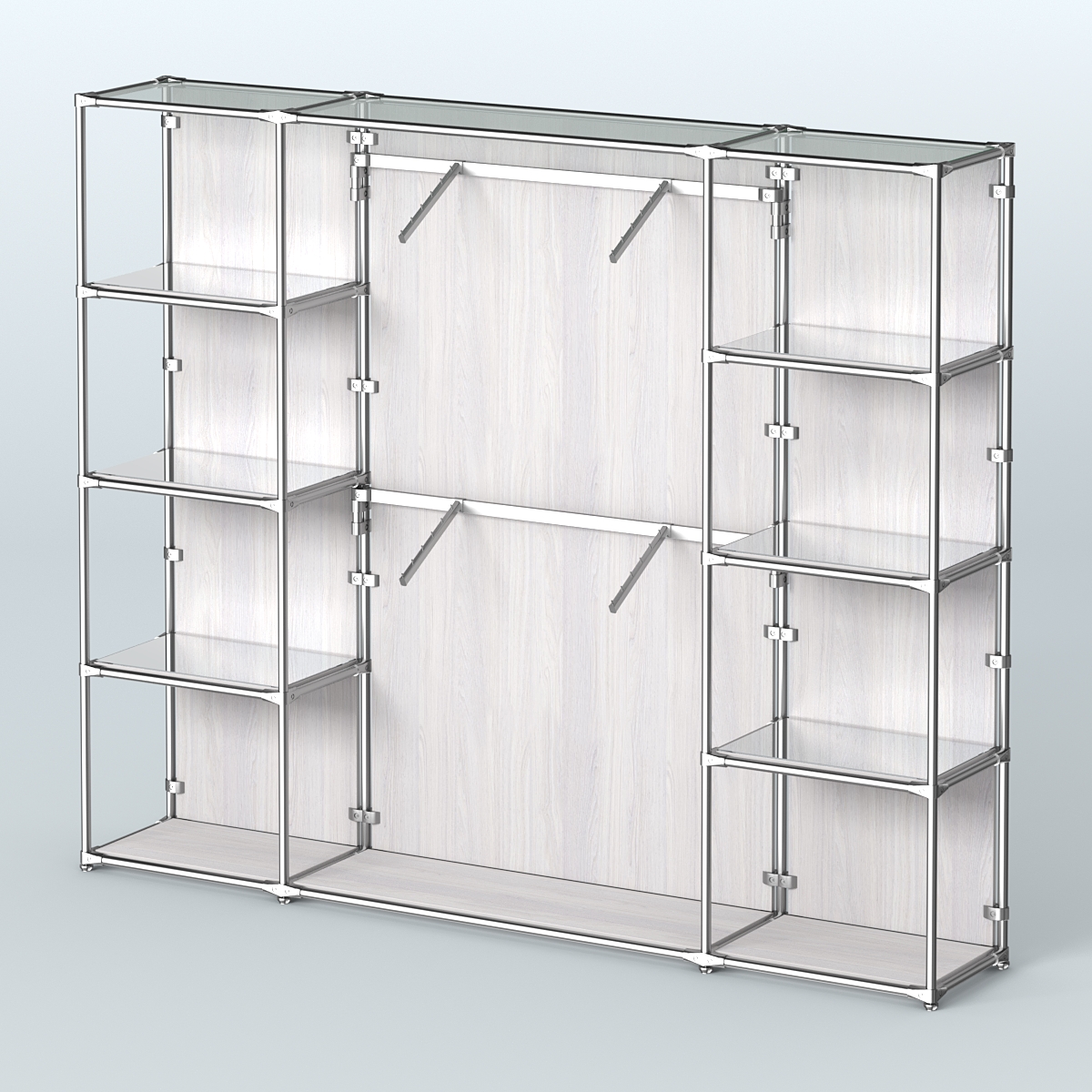 Торговая система ХРОМ (задняя стенка - ДСП) 3600 мм с зеркальными полками и поручнями №7 Ясень Анкор светлый