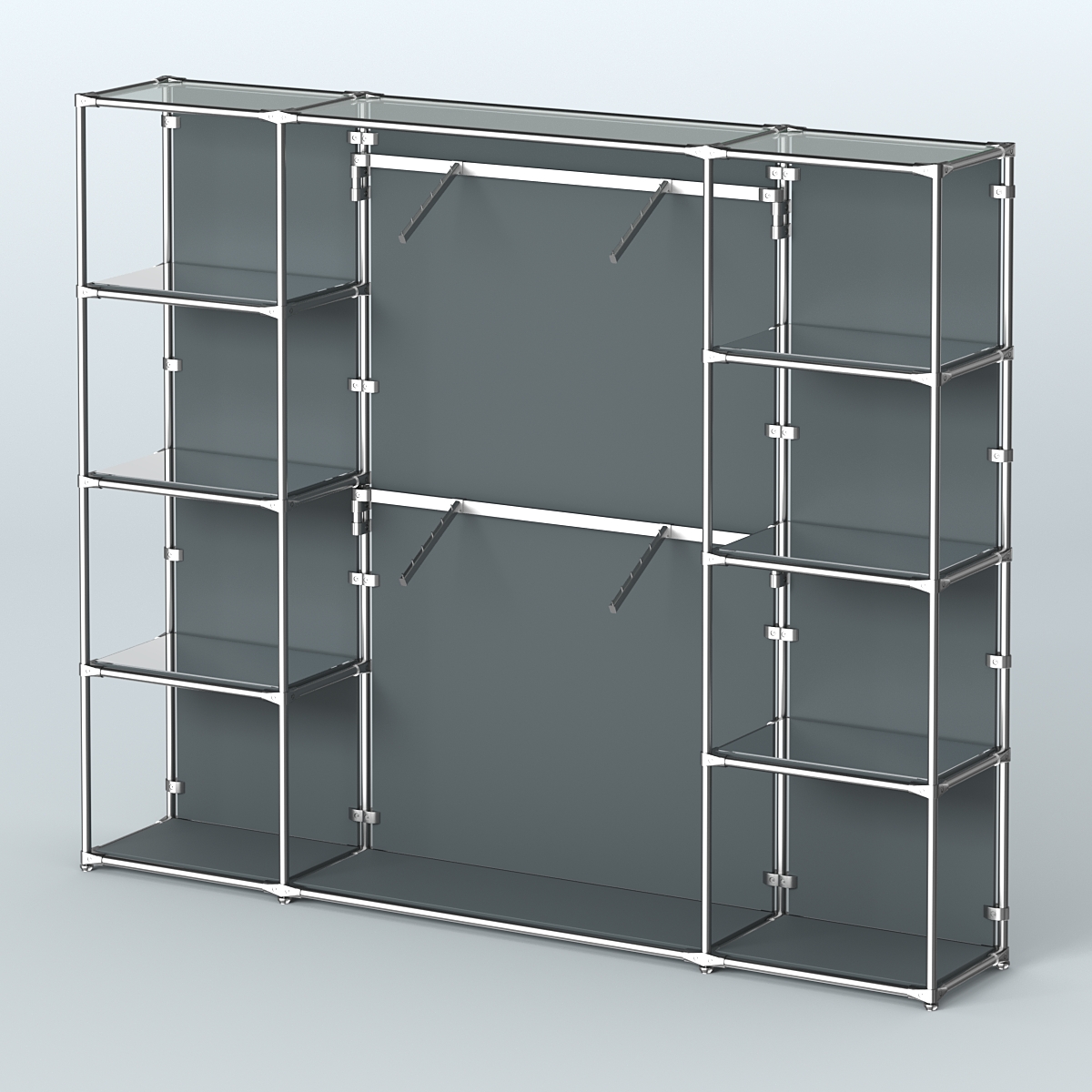 Торговая система ХРОМ (задняя стенка - ДСП) 3600 мм с зеркальными полками и поручнями №7 Темно-Серый