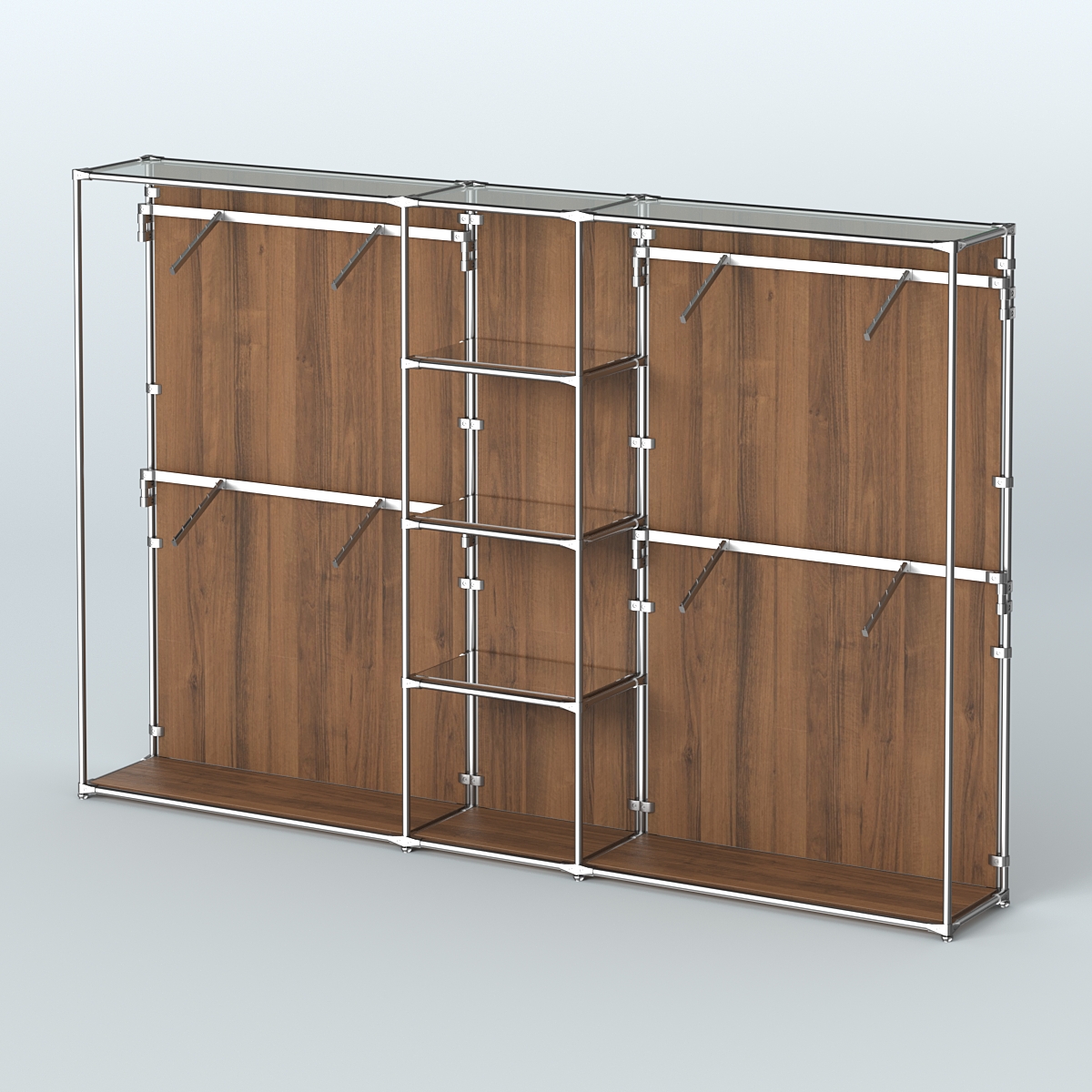 Торговая система ХРОМ (задняя стенка - ДСП) 3600 мм с зеркальными полками и поручнями №8 Орех