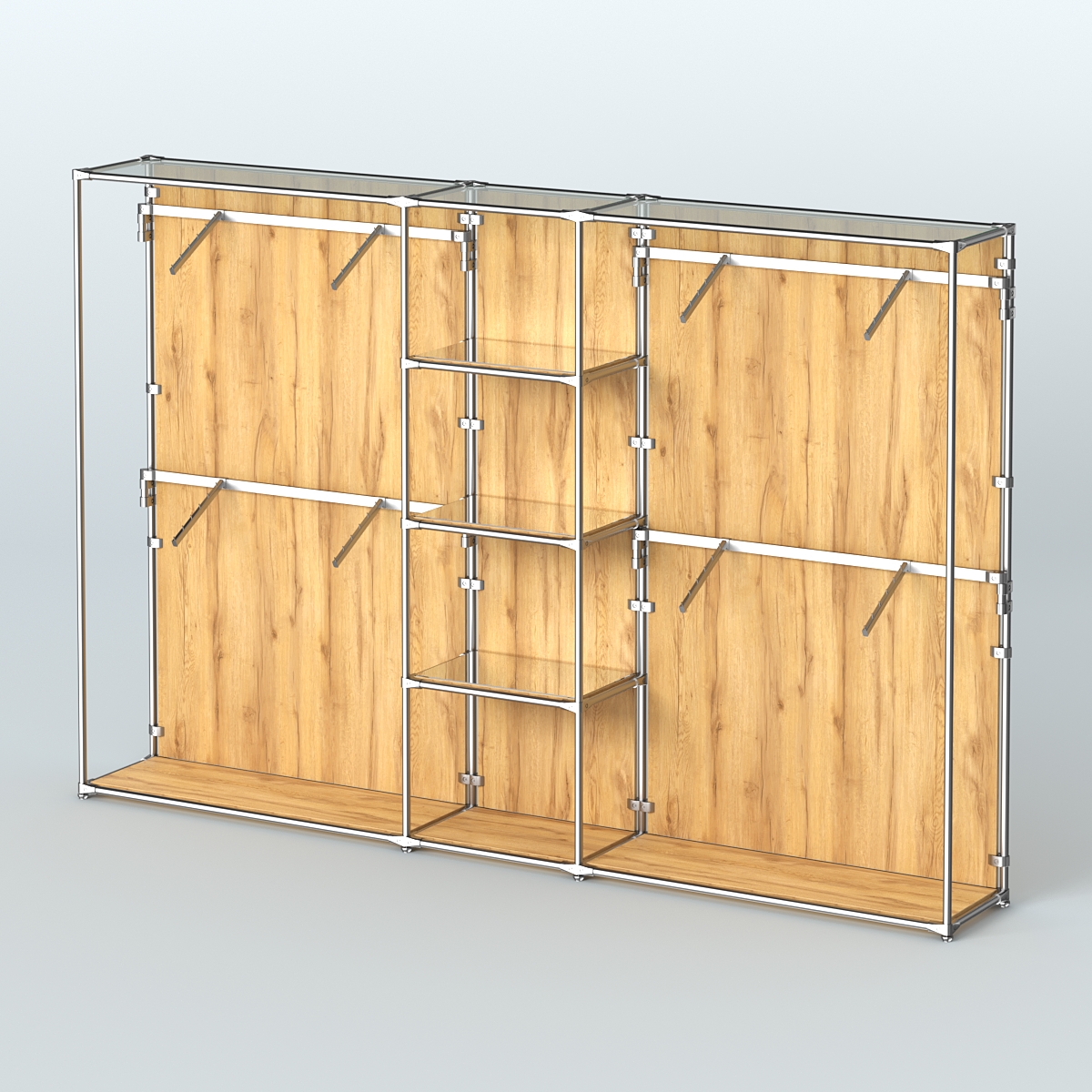 Торговая система ХРОМ (задняя стенка - ДСП) 3600 мм с зеркальными полками и поручнями №8 Дуб Золотистый