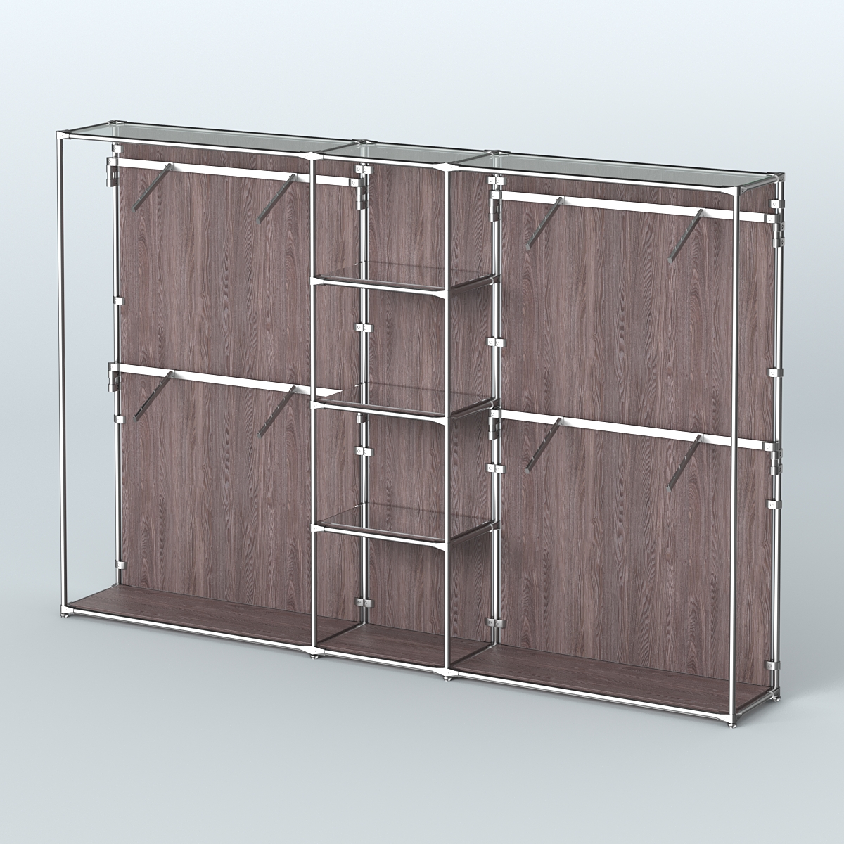 Торговая система ХРОМ (задняя стенка - ДСП) 3600 мм с зеркальными полками и поручнями №8 Ясень Анкор темный