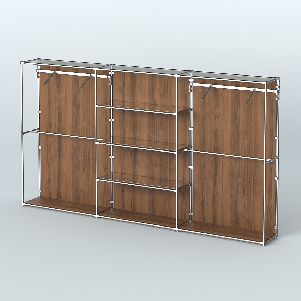 Торговая система ХРОМ (задняя стенка - ДСП) 3600 мм с зеркальными полками и поручнями №10 Орех