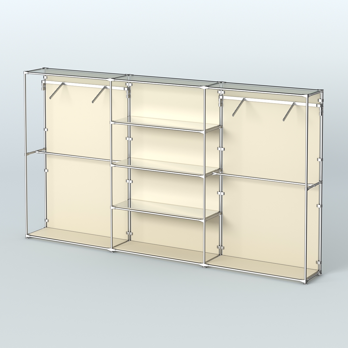 Торговая система ХРОМ (задняя стенка - ДСП) 3600 мм с зеркальными полками и поручнями №10 Крем Вайс