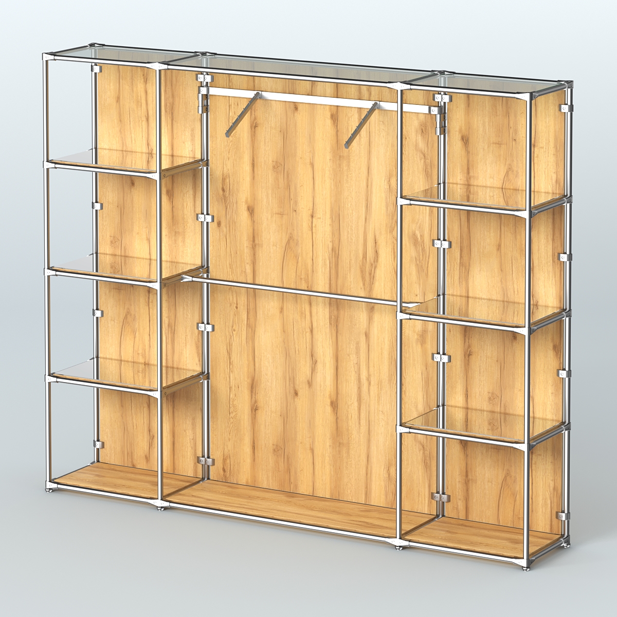 Торговая система ХРОМ (задняя стенка - ДСП) 3600 мм с зеркальными полками и поручнями №11 Дуб Золотистый