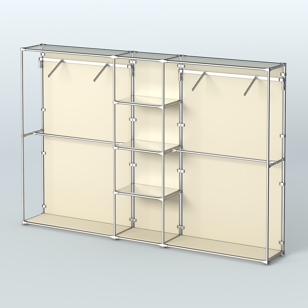 Торговая система ХРОМ (задняя стенка - ДСП) 3600 мм с зеркальными полками и поручнями №12 Крем Вайс