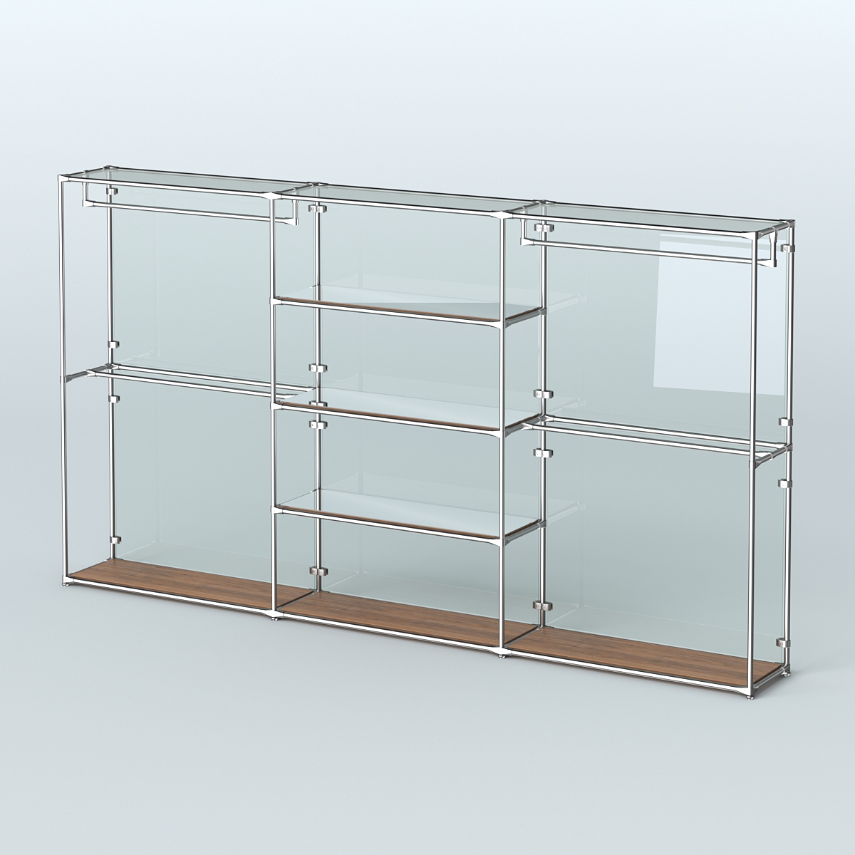 Торговая система ХРОМ (задняя стенка - стекло) 3600 мм с зеркальными полками и поручнями №2 Орех