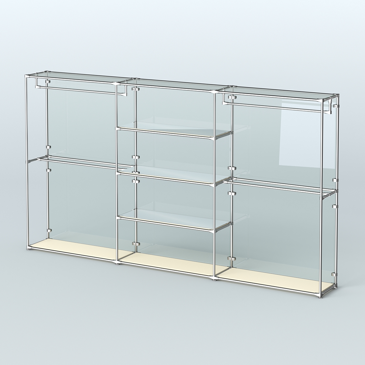 Торговая система ХРОМ (задняя стенка - стекло) 3600 мм с зеркальными полками и поручнями №2 Крем Вайс