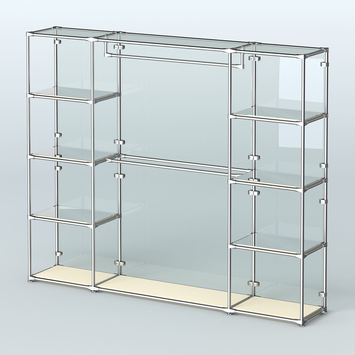 Торговая система ХРОМ (задняя стенка - стекло) 3600 мм с зеркальными полками и поручнями №3 Крем Вайс