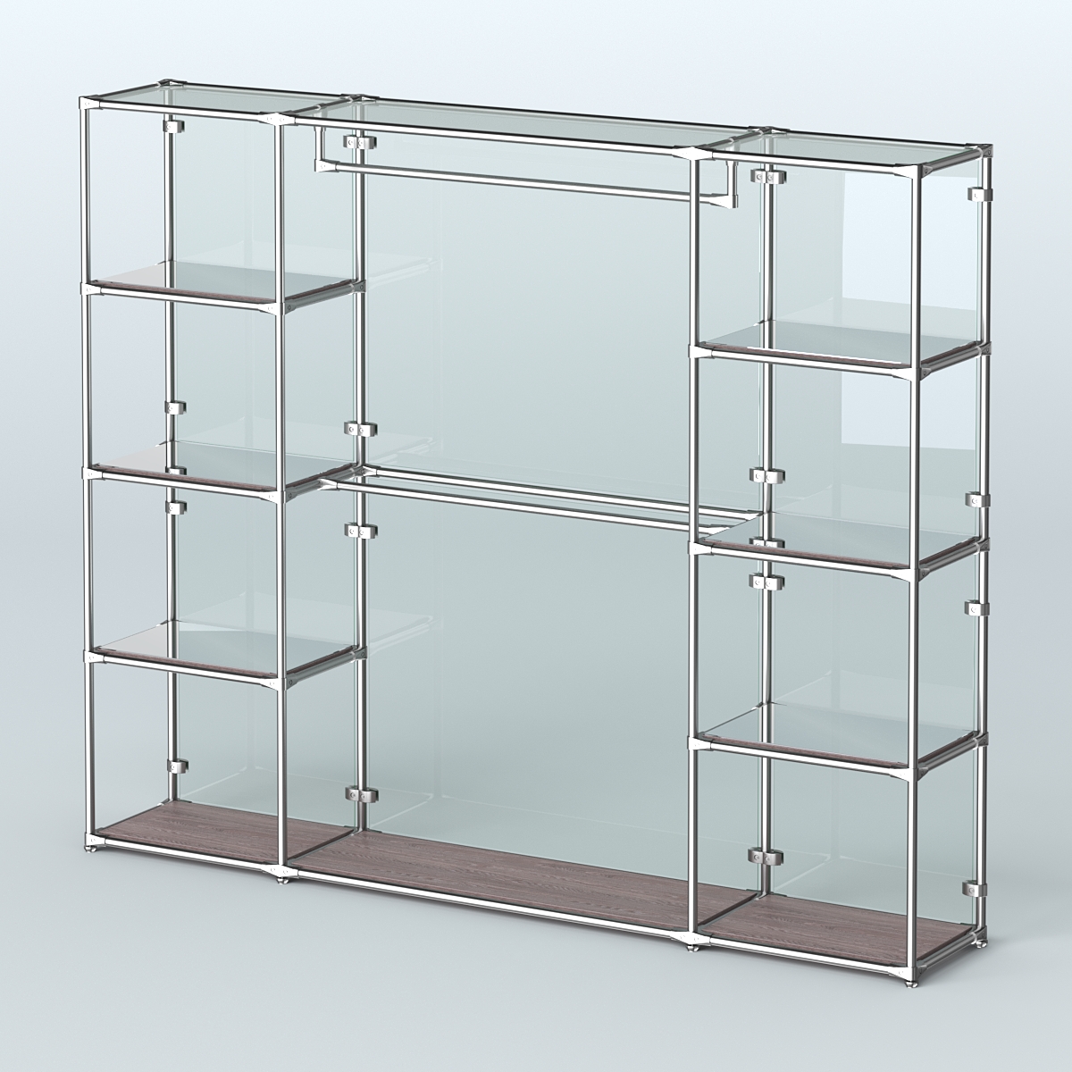 Торговая система ХРОМ (задняя стенка - стекло) 3600 мм с зеркальными полками и поручнями №3 Ясень Анкор темный