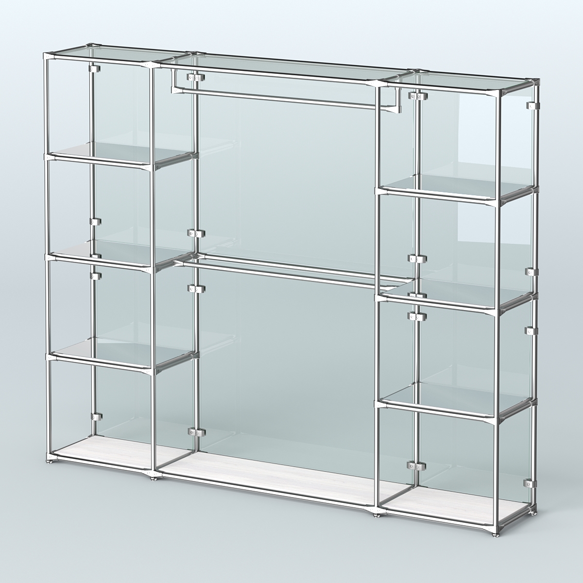 Торговая система ХРОМ (задняя стенка - стекло) 3600 мм с зеркальными полками и поручнями №3 Ясень Анкор светлый