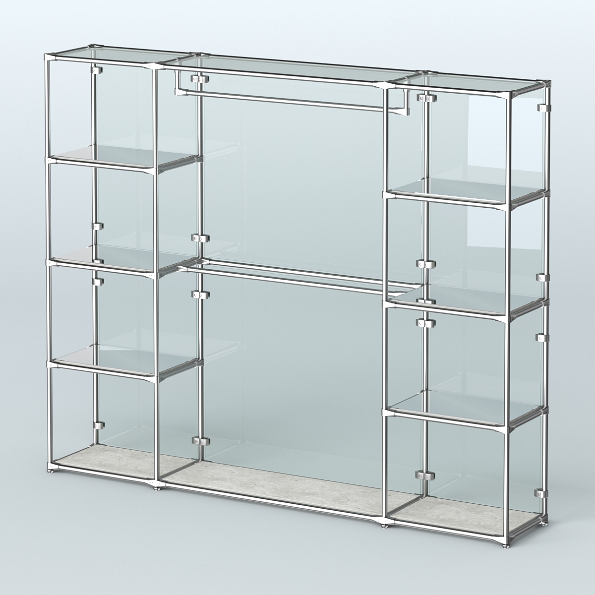 Торговая система ХРОМ (задняя стенка - стекло) 3600 мм с зеркальными полками и поручнями №3 Метрополитан Грей