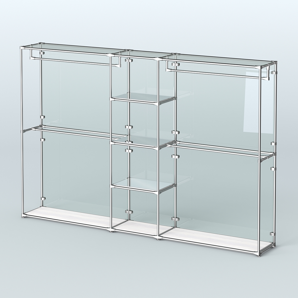 Торговая система ХРОМ (задняя стенка - стекло) 3600 мм с зеркальными полками и поручнями №4 Ясень Анкор светлый