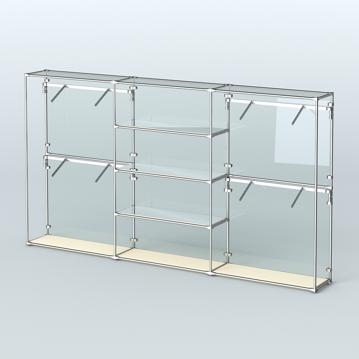 Торговая система ХРОМ (задняя стенка - стекло) 3600 мм с зеркальными полками и поручнями №5 Крем Вайс