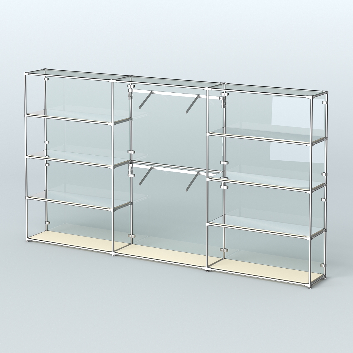 Торговая система ХРОМ (задняя стенка - стекло) 3600 мм с зеркальными полками и поручнями №6 Крем Вайс