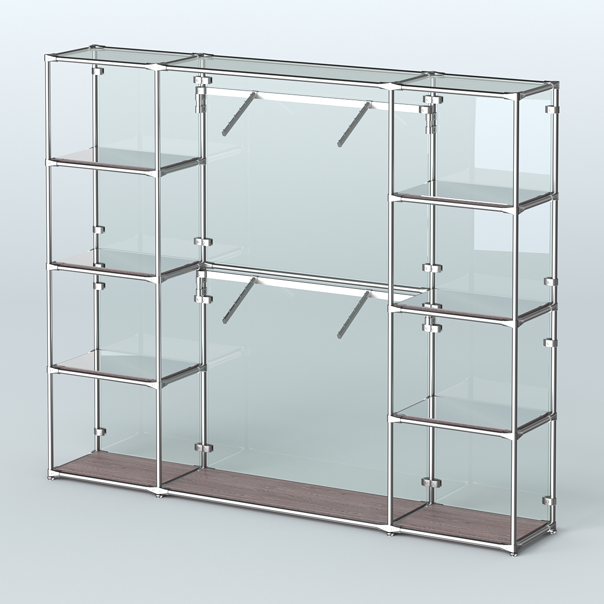 Торговая система ХРОМ (задняя стенка - стекло) 3600 мм с зеркальными полками и поручнями №7 Ясень Анкор темный