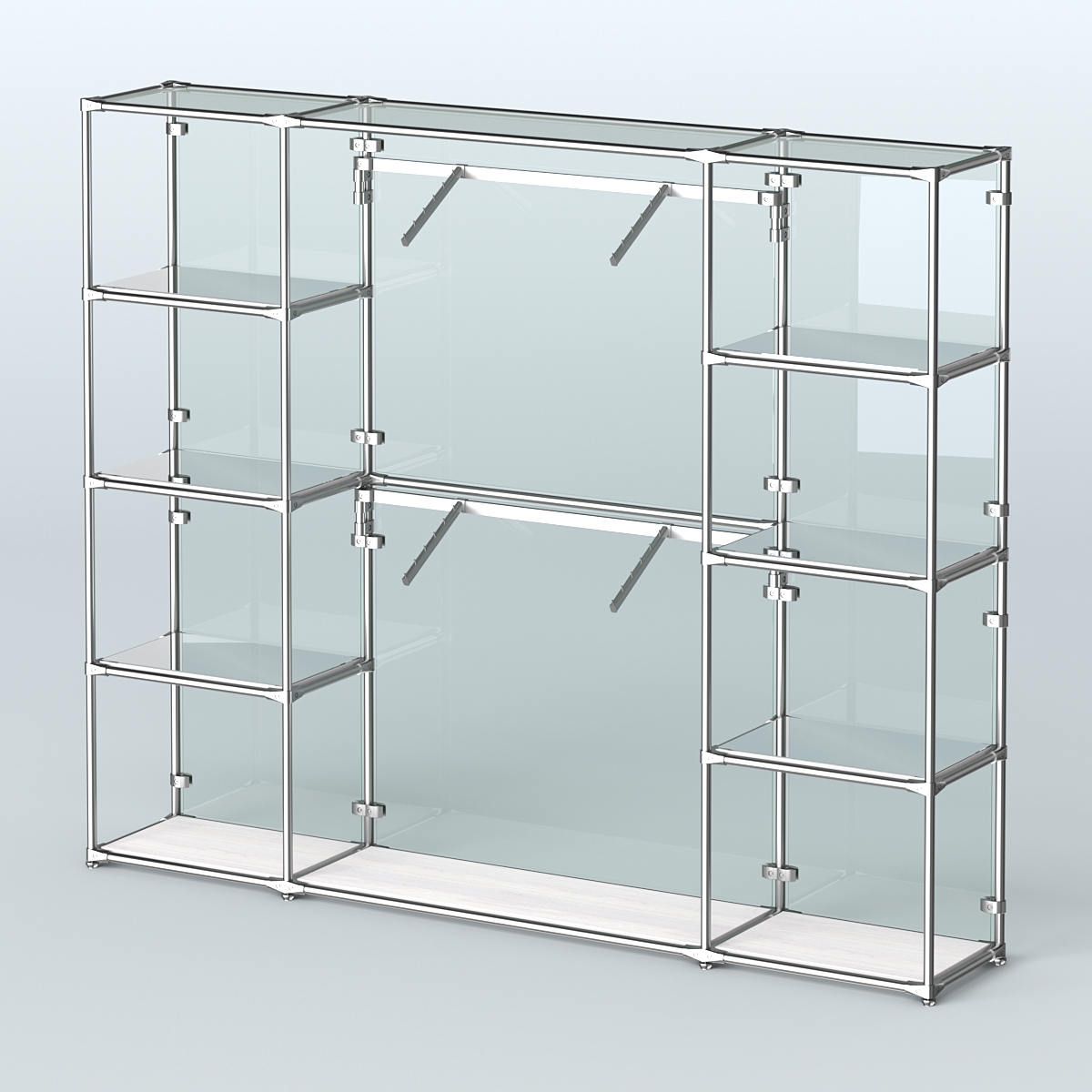 Торговая система ХРОМ (задняя стенка - стекло) 3600 мм с зеркальными полками и поручнями №7 Ясень Анкор светлый