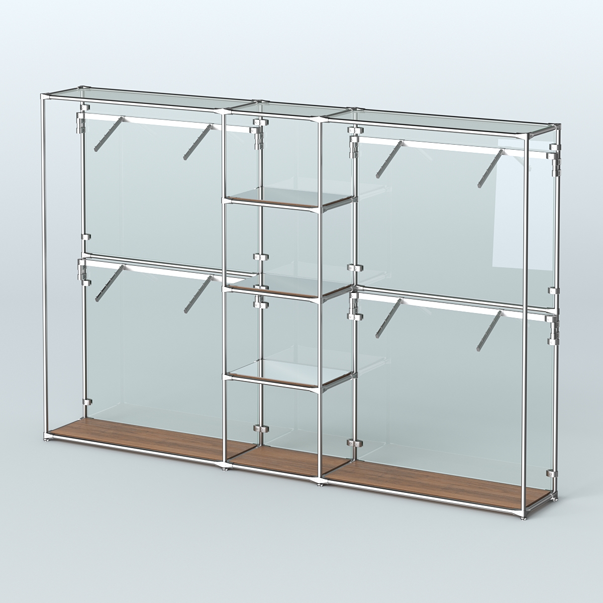 Торговая система ХРОМ (задняя стенка - стекло) 3600 мм с зеркальными полками и поручнями №8 Орех