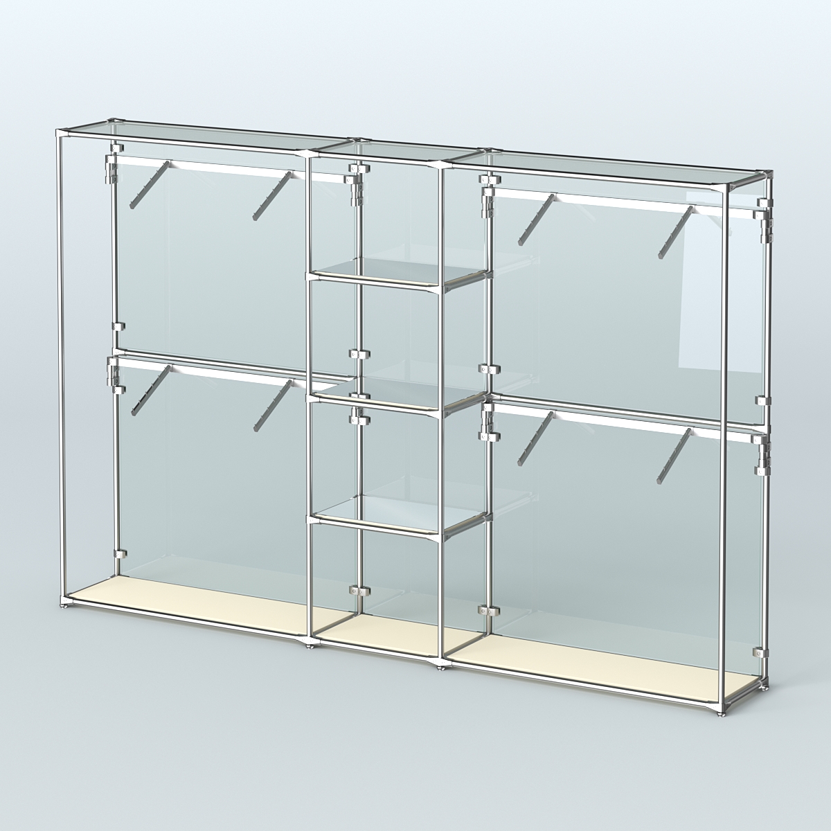 Торговая система ХРОМ (задняя стенка - стекло) 3600 мм с зеркальными полками и поручнями №8 Крем Вайс