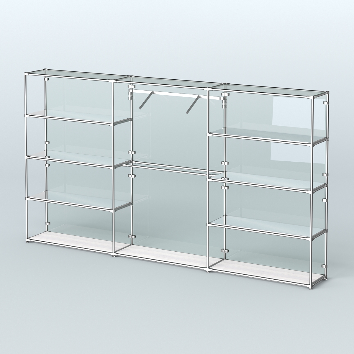 Торговая система ХРОМ (задняя стенка - стекло) 3600 мм с зеркальными полками и поручнями №9 Ясень Анкор светлый