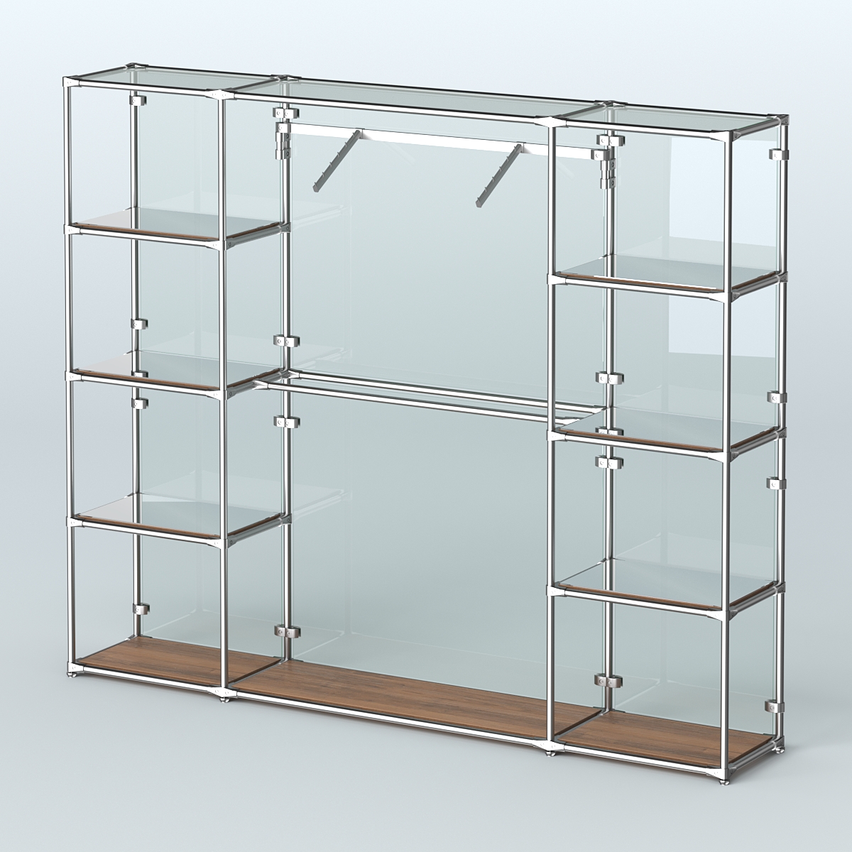 Торговая система ХРОМ (задняя стенка - стекло) 3600 мм с зеркальными полками и поручнями №11 Орех