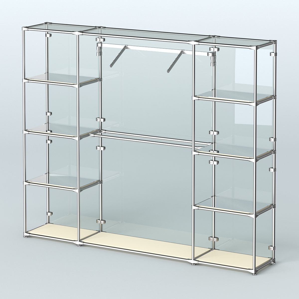 Торговая система ХРОМ (задняя стенка - стекло) 3600 мм с зеркальными полками и поручнями №11 Крем Вайс