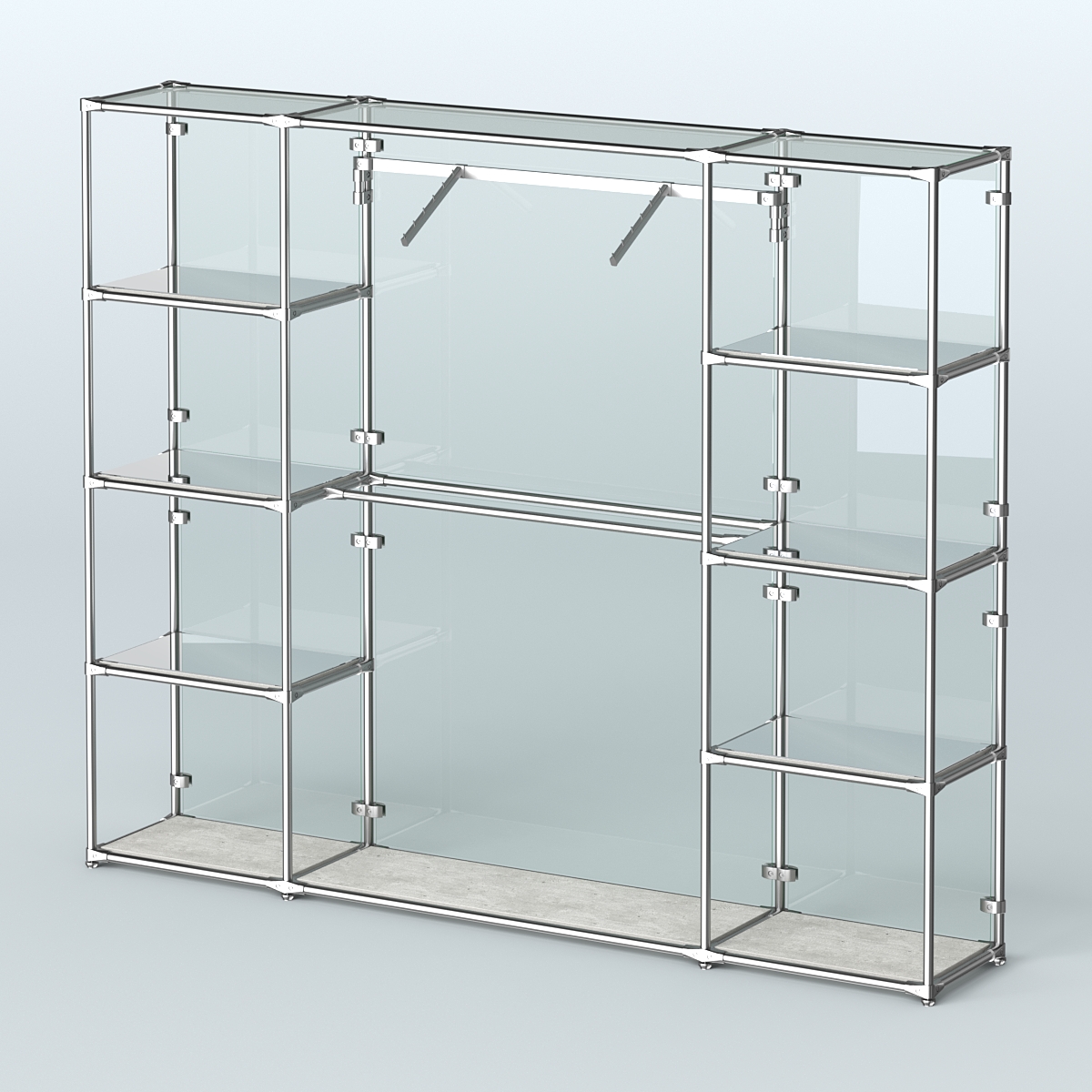 Торговая система ХРОМ (задняя стенка - стекло) 3600 мм с зеркальными полками и поручнями №11 Метрополитан Грей