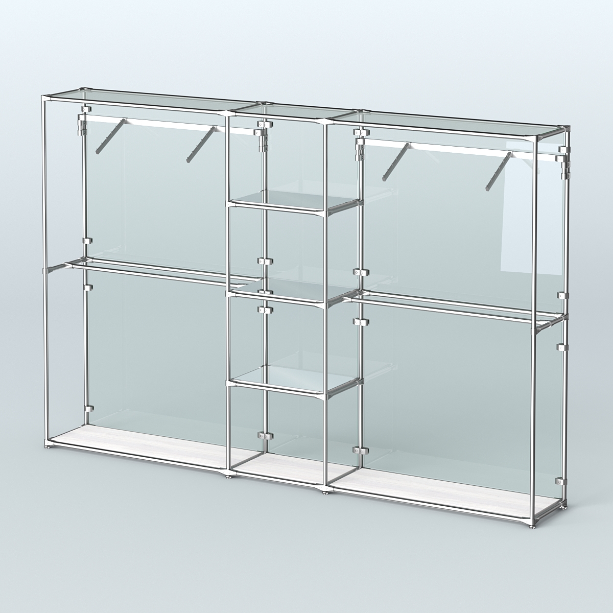 Торговая система ХРОМ (задняя стенка - стекло) 3600 мм с зеркальными полками и поручнями №12 Ясень Анкор светлый