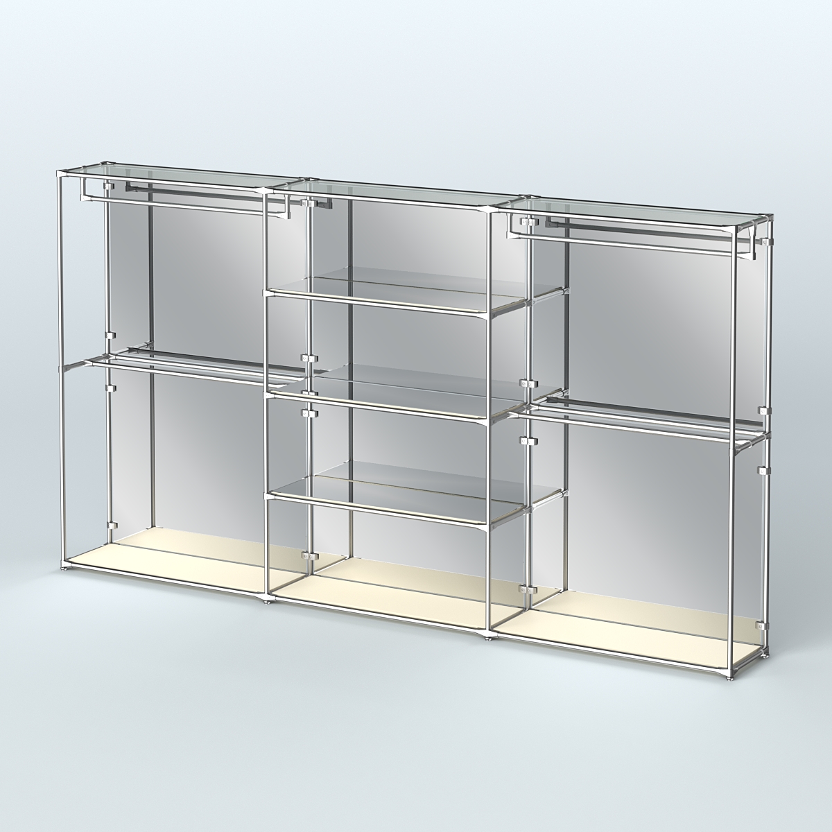 Торговая система ХРОМ (задняя стенка - зеркало) 3600 мм с зеркальными полками и поручнями №2 Крем Вайс