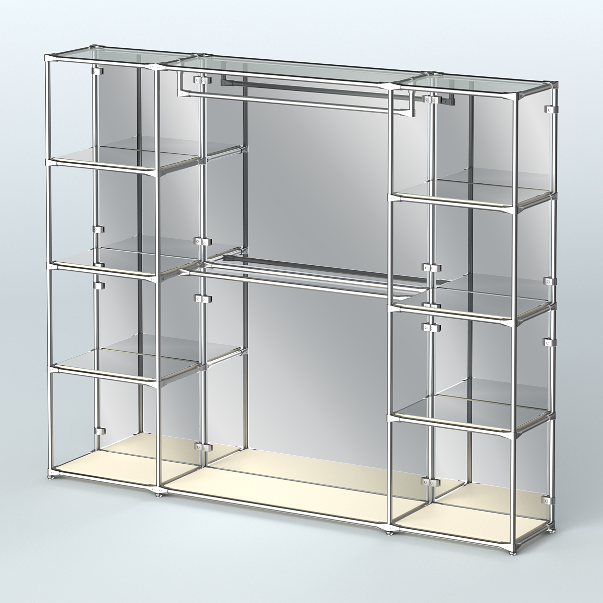 Торговая система ХРОМ (задняя стенка - зеркало) 3600 мм с зеркальными полками и поручнями №3 Крем Вайс